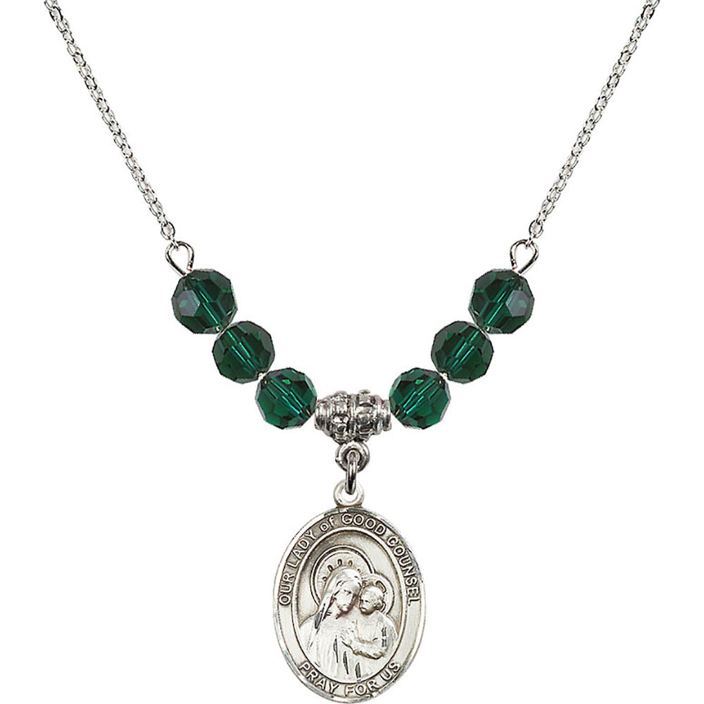 Sterling Silver Our Lady of Good Counsel Birthstone Necklace with Emerald Beads - 8287