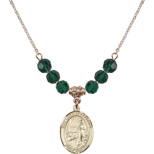 14kt Gold Filled Our Lady of Lourdes Birthstone Necklace with Emerald Beads - 8288