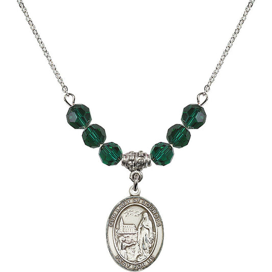 Sterling Silver Our Lady of Lourdes Birthstone Necklace with Emerald Beads - 8288