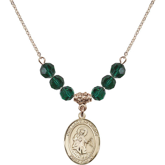 14kt Gold Filled Our Lady of Mercy Birthstone Necklace with Emerald Beads - 8289