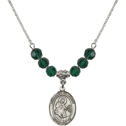 Sterling Silver Our Lady of Mercy Birthstone Necklace with Emerald Beads - 8289