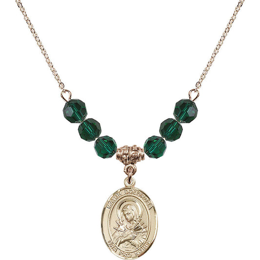 14kt Gold Filled Mater Dolorosa Birthstone Necklace with Emerald Beads - 8290