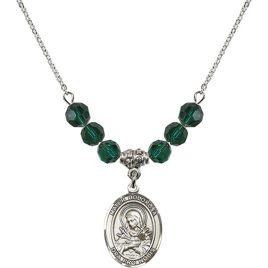 Sterling Silver Mater Dolorosa Birthstone Necklace with Emerald Beads - 8290