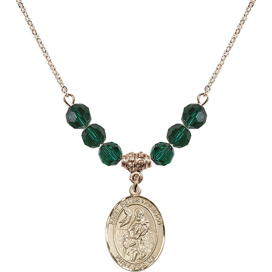 14kt Gold Filled Saint Peter Nolasco Birthstone Necklace with Emerald Beads - 8291