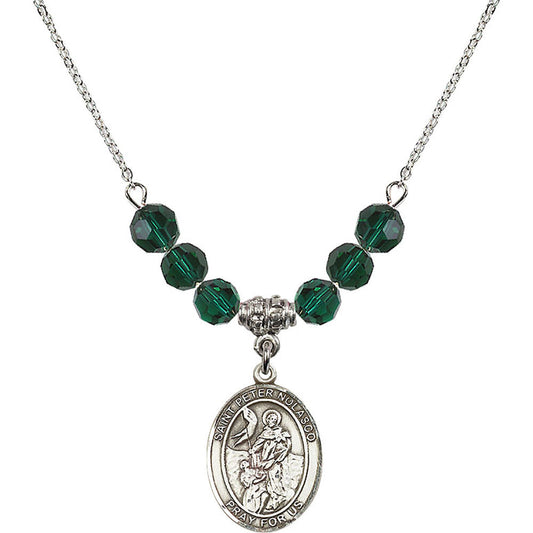Sterling Silver Saint Peter Nolasco Birthstone Necklace with Emerald Beads - 8291