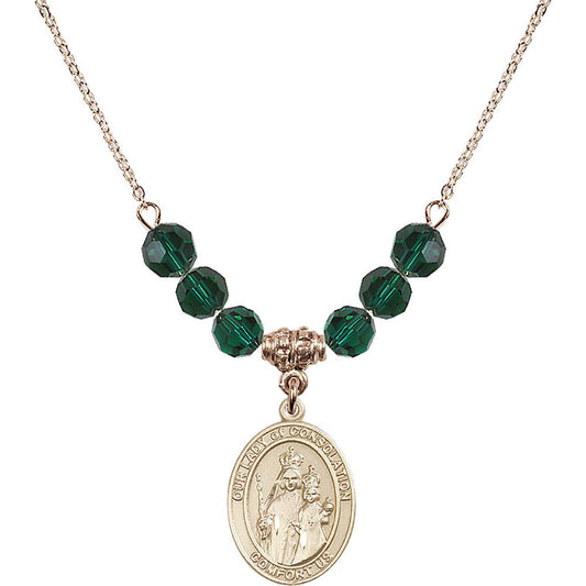 14kt Gold Filled Our Lady of Consolation Birthstone Necklace with Emerald Beads - 8292