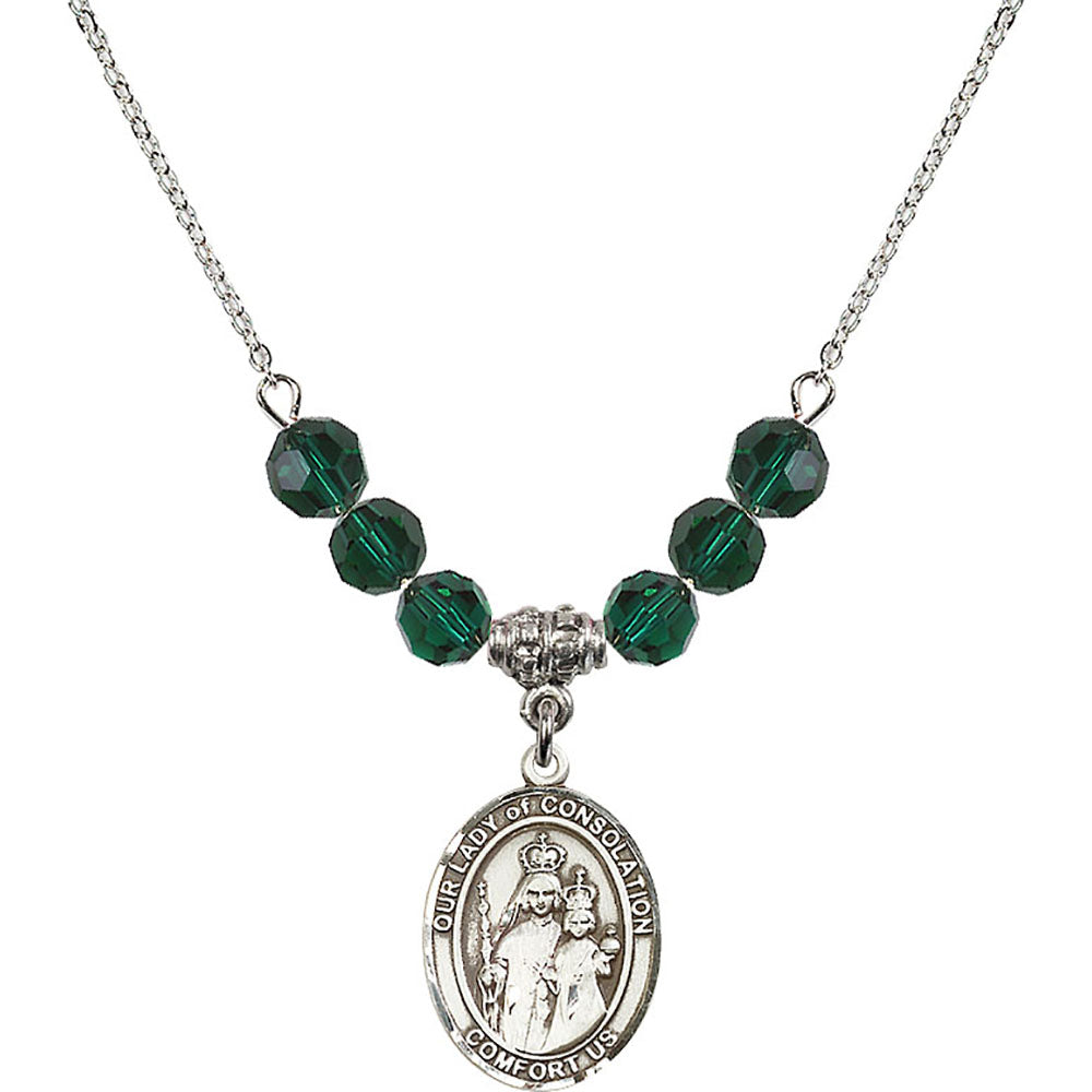 Sterling Silver Our Lady of Consolation Birthstone Necklace with Emerald Beads - 8292