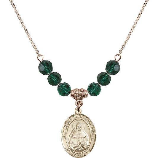 14kt Gold Filled Saint Marie Magdalen Postel Birthstone Necklace with Emerald Beads - 8294