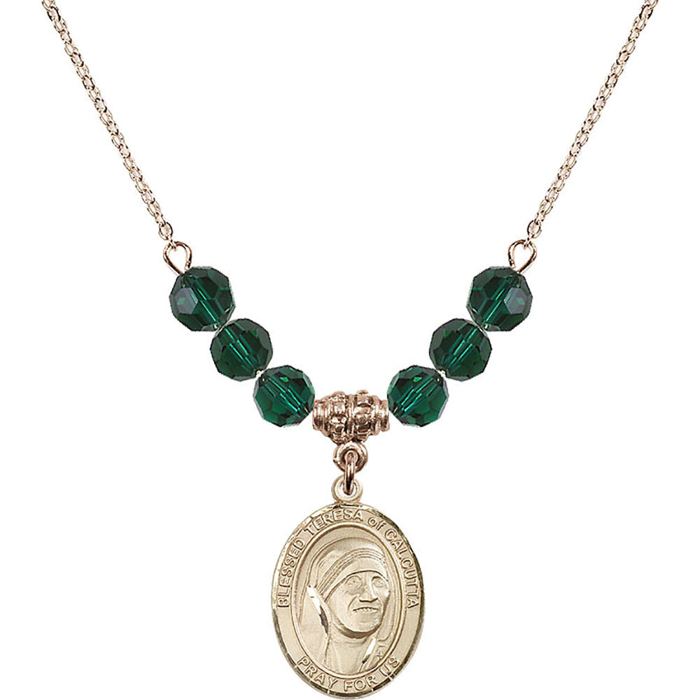 14kt Gold Filled Saint Teresa of Calcutta Birthstone Necklace with Emerald Beads - 8295