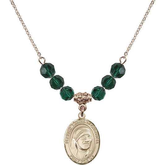 14kt Gold Filled Saint Teresa of Calcutta Birthstone Necklace with Emerald Beads - 8295