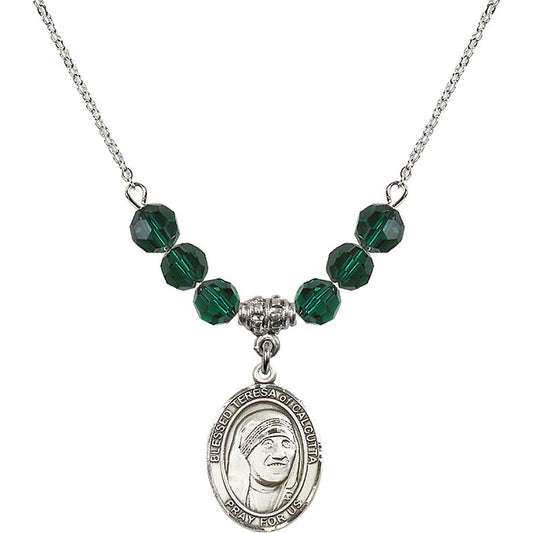 Sterling Silver Saint Teresa of Calcutta Birthstone Necklace with Emerald Beads - 8295
