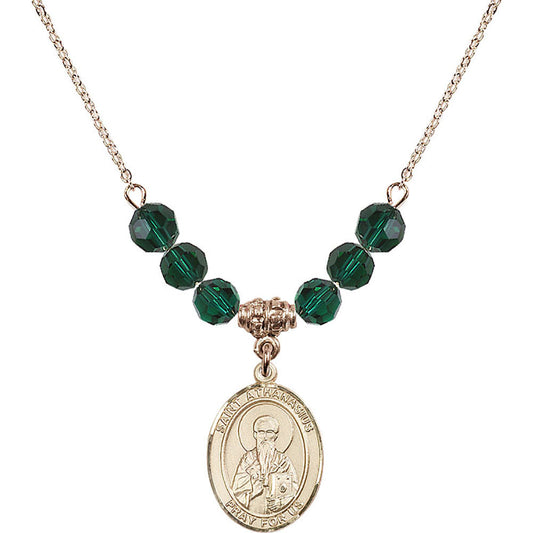 14kt Gold Filled Saint Athanasius Birthstone Necklace with Emerald Beads - 8296