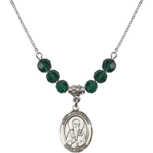 Sterling Silver Saint Athanasius Birthstone Necklace with Emerald Beads - 8296