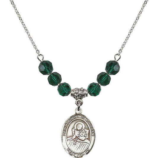 Sterling Silver Saint Lidwina of Schiedam Birthstone Necklace with Emerald Beads - 8297