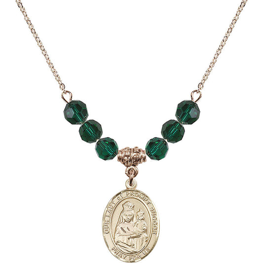 14kt Gold Filled Our Lady of Prompt Succor Birthstone Necklace with Emerald Beads - 8299