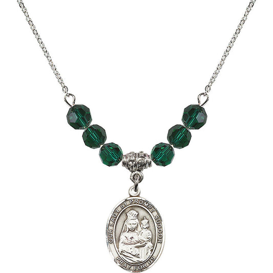 Sterling Silver Our Lady of Prompt Succor Birthstone Necklace with Emerald Beads - 8299