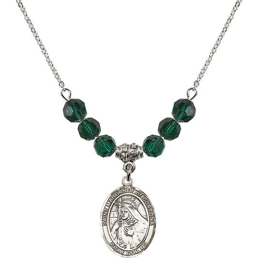 Sterling Silver Saint Margaret of Cortona Birthstone Necklace with Emerald Beads - 8301