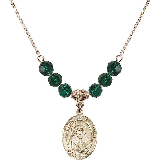 14kt Gold Filled Saint Bede the Venerable Birthstone Necklace with Emerald Beads - 8302
