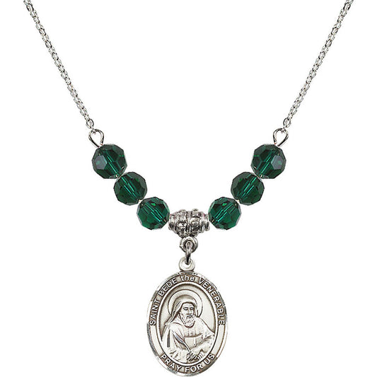 Sterling Silver Saint Bede the Venerable Birthstone Necklace with Emerald Beads - 8302