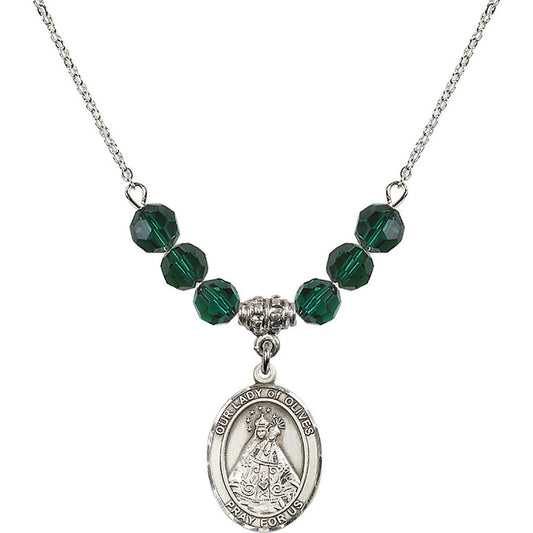 Sterling Silver Our Lady of Olives Birthstone Necklace with Emerald Beads - 8303