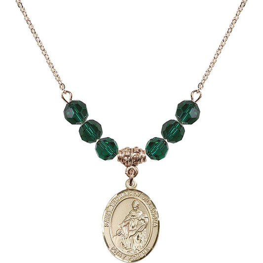 14kt Gold Filled Saint Thomas of Villanova Birthstone Necklace with Emerald Beads - 8304