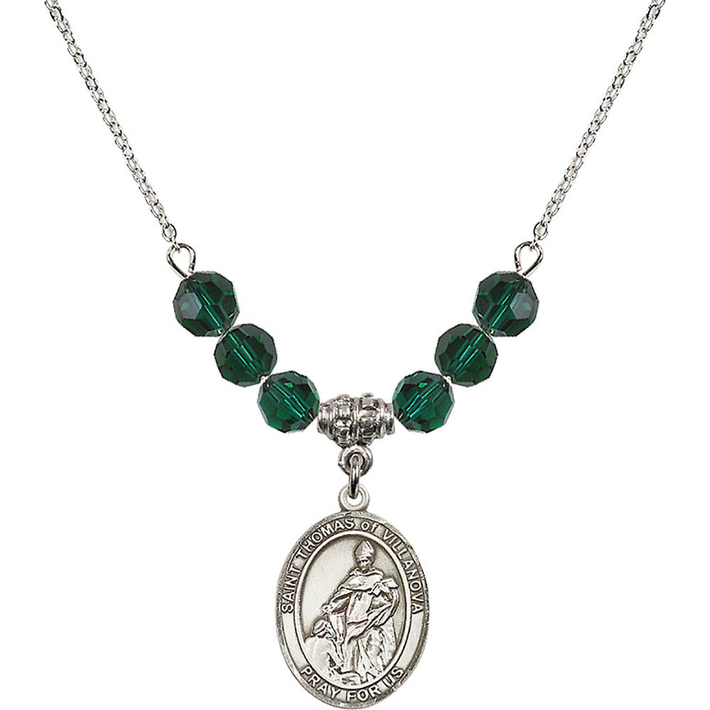 Sterling Silver Saint Thomas of Villanova Birthstone Necklace with Emerald Beads - 8304