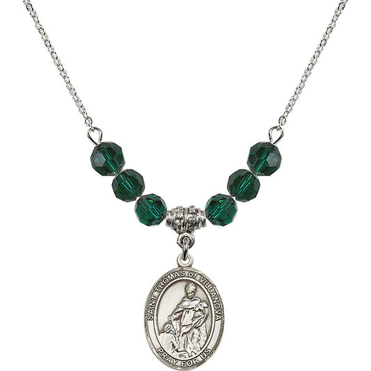 Sterling Silver Saint Thomas of Villanova Birthstone Necklace with Emerald Beads - 8304