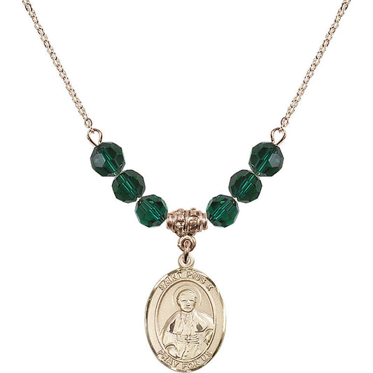 14kt Gold Filled Saint Pius X Birthstone Necklace with Emerald Beads - 8305
