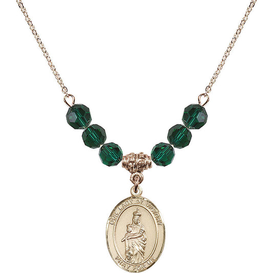 14kt Gold Filled Our Lady of Victory Birthstone Necklace with Emerald Beads - 8306