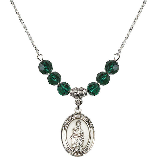 Sterling Silver Our Lady of Victory Birthstone Necklace with Emerald Beads - 8306