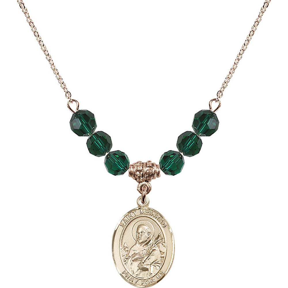 14kt Gold Filled Saint Meinrad of Einsiedeln Birthstone Necklace with Emerald Beads - 8307