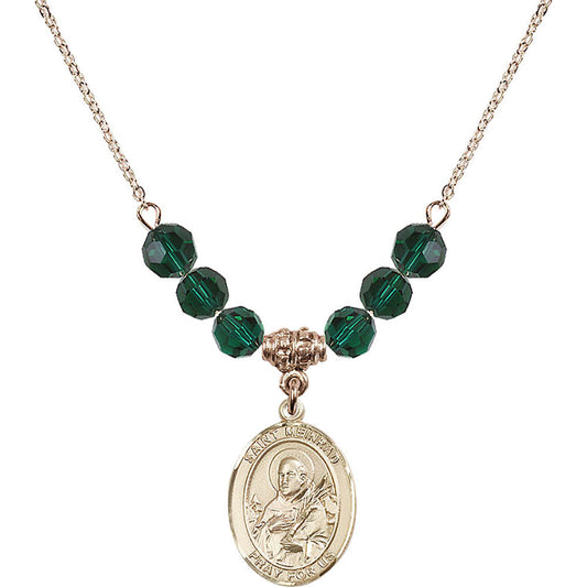 14kt Gold Filled Saint Meinrad of Einsiedeln Birthstone Necklace with Emerald Beads - 8307