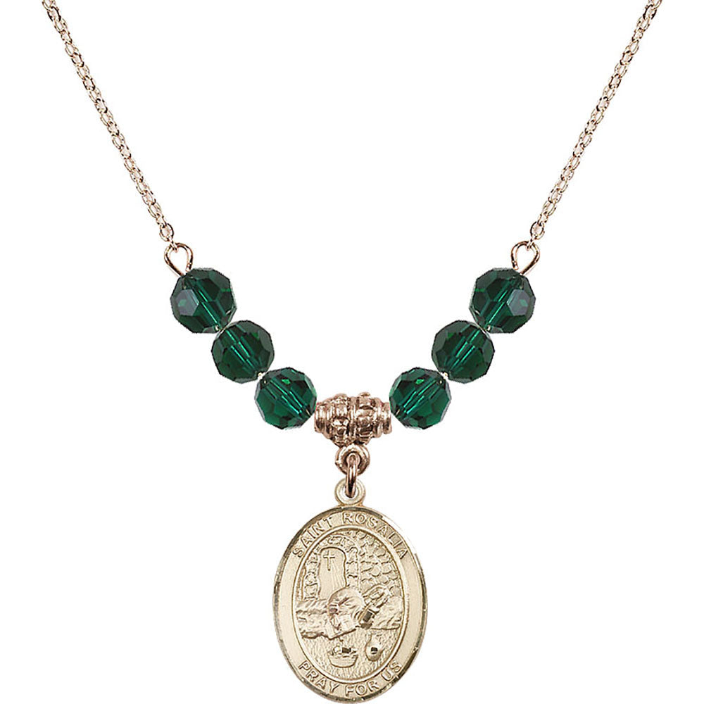 14kt Gold Filled Saint Rosalia Birthstone Necklace with Emerald Beads - 8309