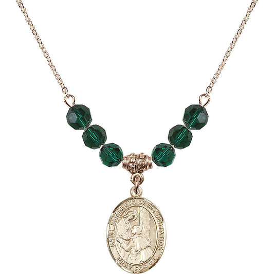 14kt Gold Filled Saint Elizabeth of the Visitation Birthstone Necklace with Emerald Beads - 8311