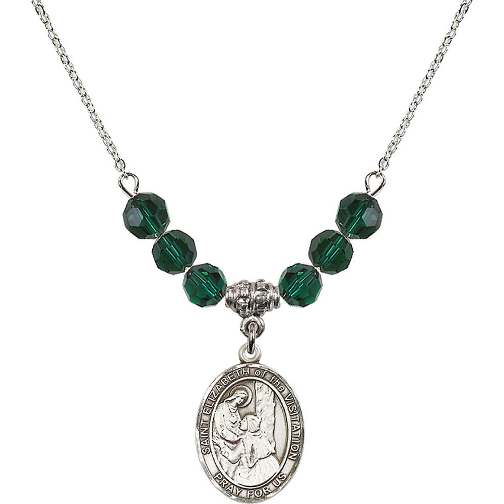 Sterling Silver Saint Elizabeth of the Visitation Birthstone Necklace with Emerald Beads - 8311
