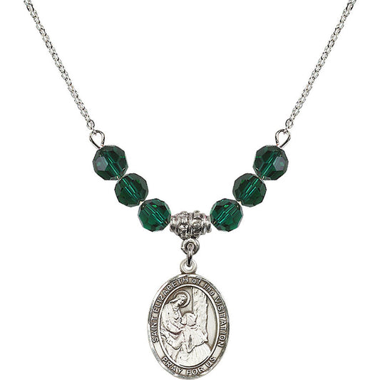 Sterling Silver Saint Elizabeth of the Visitation Birthstone Necklace with Emerald Beads - 8311