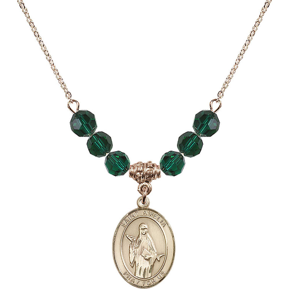 14kt Gold Filled Saint Amelia Birthstone Necklace with Emerald Beads - 8313