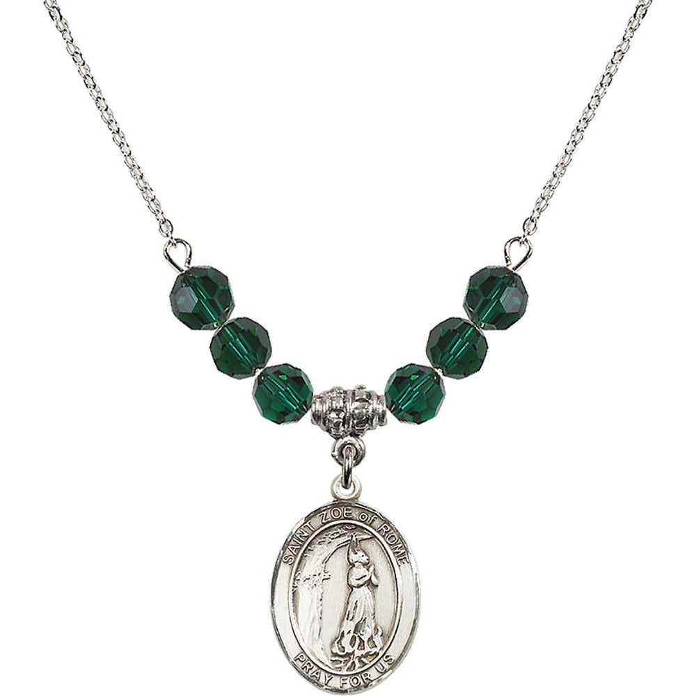 Sterling Silver Saint Zoe of Rome Birthstone Necklace with Emerald Beads - 8314