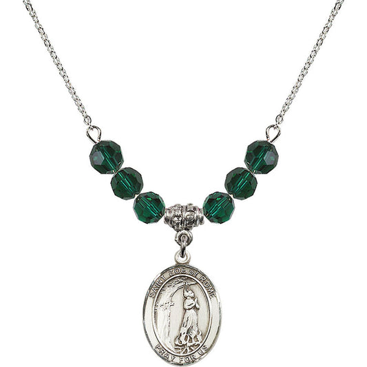 Sterling Silver Saint Zoe of Rome Birthstone Necklace with Emerald Beads - 8314