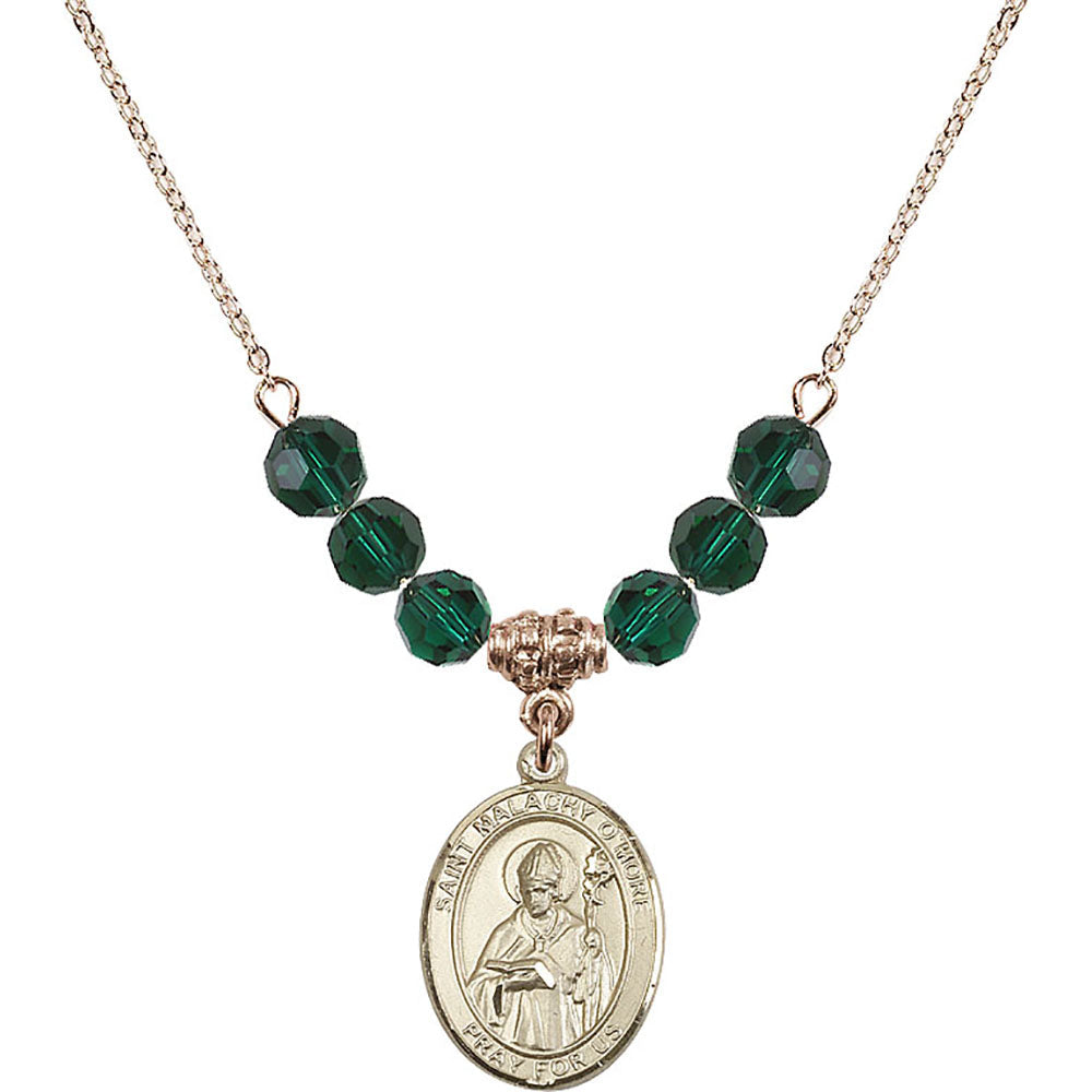 14kt Gold Filled Saint Malachy O'More Birthstone Necklace with Emerald Beads - 8316