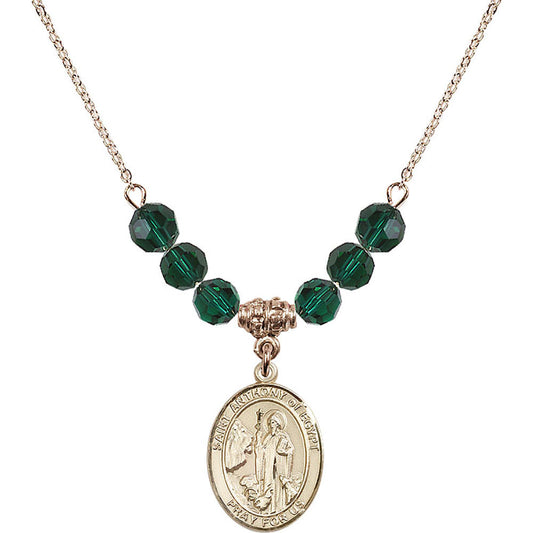 14kt Gold Filled Saint Anthony of Egypt Birthstone Necklace with Emerald Beads - 8317