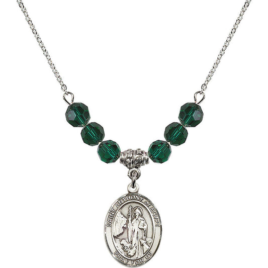 Sterling Silver Saint Anthony of Egypt Birthstone Necklace with Emerald Beads - 8317