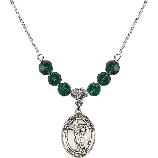 Sterling Silver Saint Paul of the Cross Birthstone Necklace with Emerald Beads - 8318
