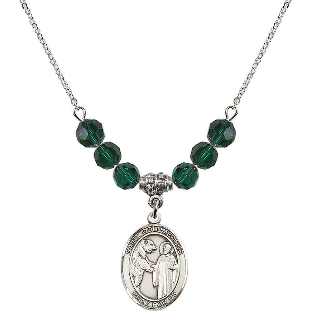 Sterling Silver Saint Columbanus Birthstone Necklace with Emerald Beads - 8321