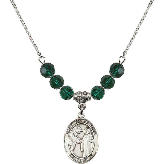 Sterling Silver Saint Columbanus Birthstone Necklace with Emerald Beads - 8321