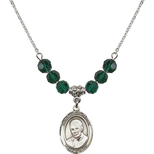 Sterling Silver Saint Luigi Orione Birthstone Necklace with Emerald Beads - 8326