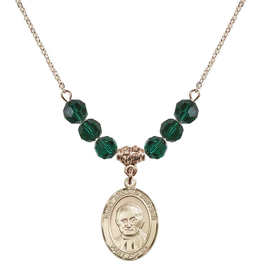 14kt Gold Filled Saint Arnold Janssen Birthstone Necklace with Emerald Beads - 8328