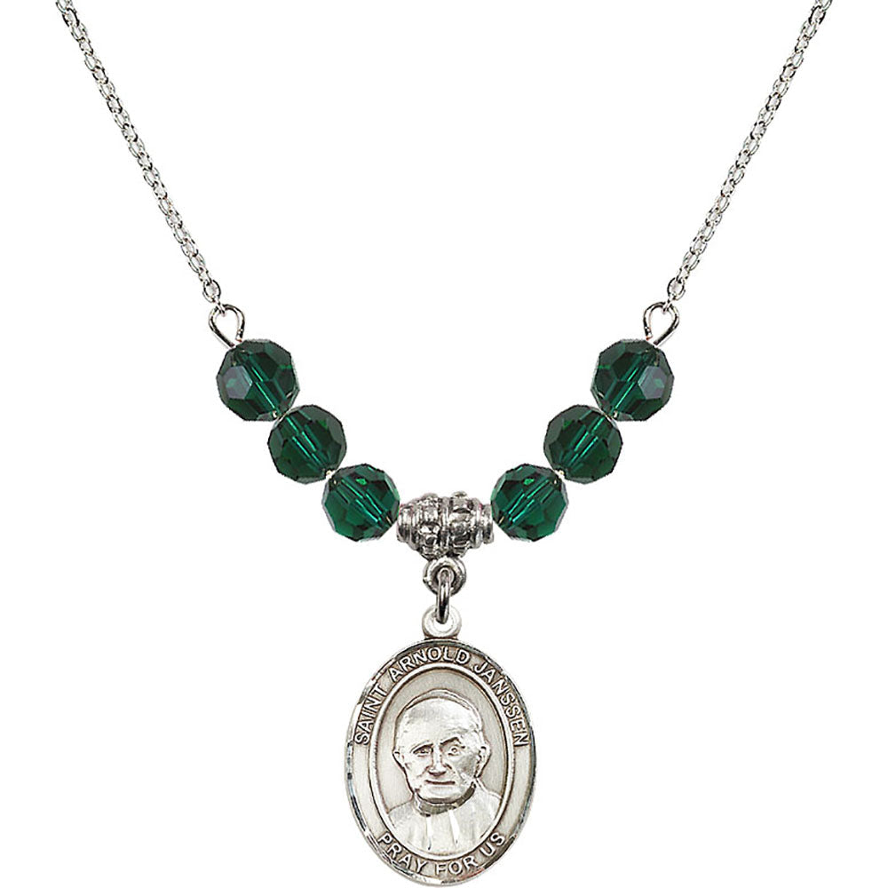 Sterling Silver Saint Arnold Janssen Birthstone Necklace with Emerald Beads - 8328