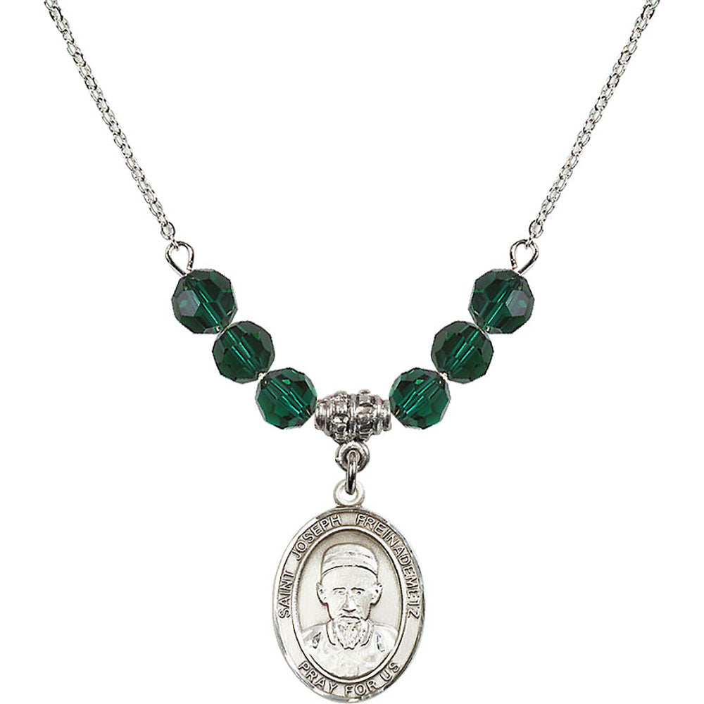 Sterling Silver Saint Joseph Freinademetz Birthstone Necklace with Emerald Beads - 8329