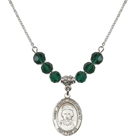 Sterling Silver Saint Joseph Freinademetz Birthstone Necklace with Emerald Beads - 8329